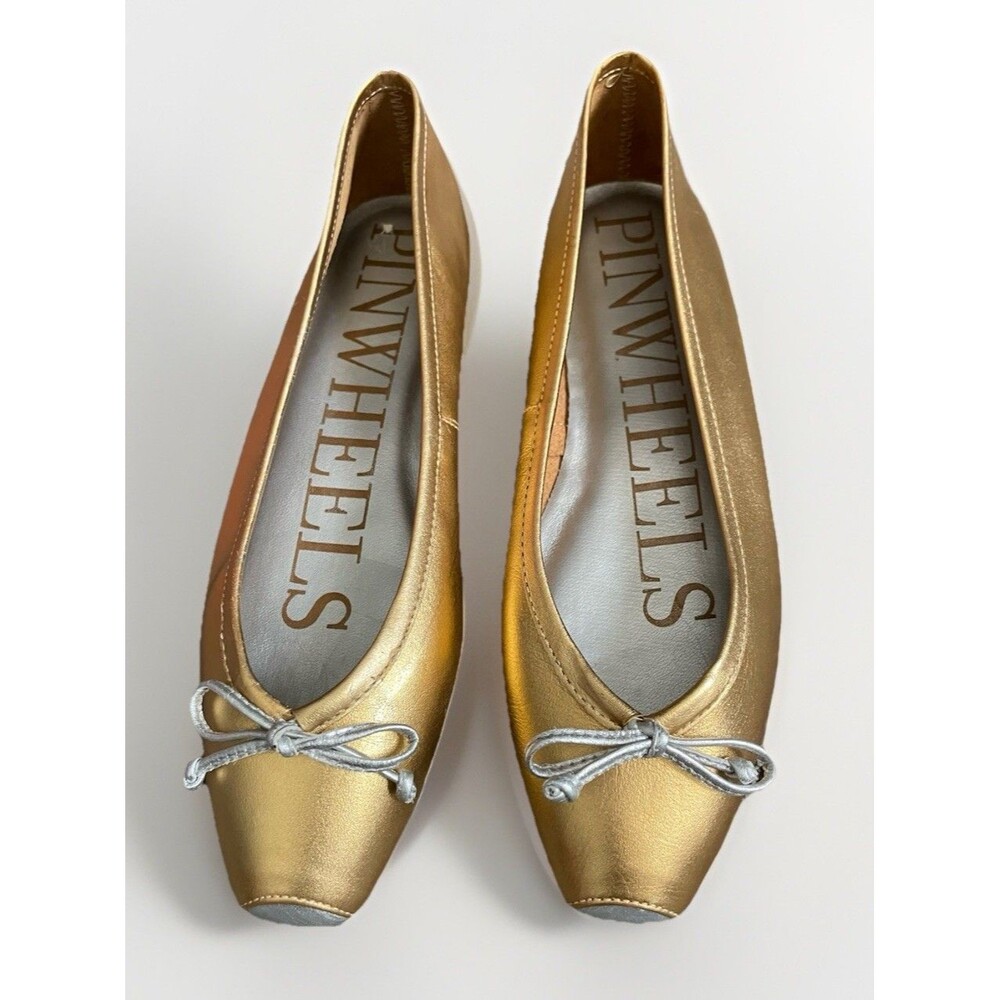 Pinwheels Gold Metallic Square Toe Ballet Flats Silver Bow Cap Size 7.5 VTG
